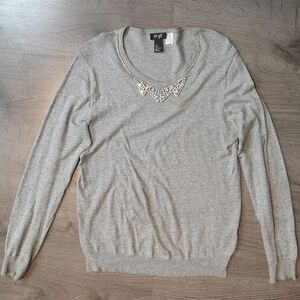 Neo-vintage 90s Gray Scoop Neck Deconstructed Rhinestone Trim Knit Pullover